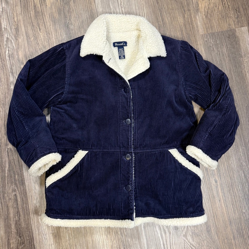Y2K Denim & Co. Navy Corduroy Sherpa-Lined Chore Coat Barn Jacket Vintage M